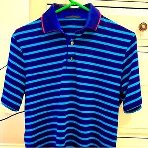 Greyson Clothiers Mens Navy and Teal Striped Polo Shirt Mens Small